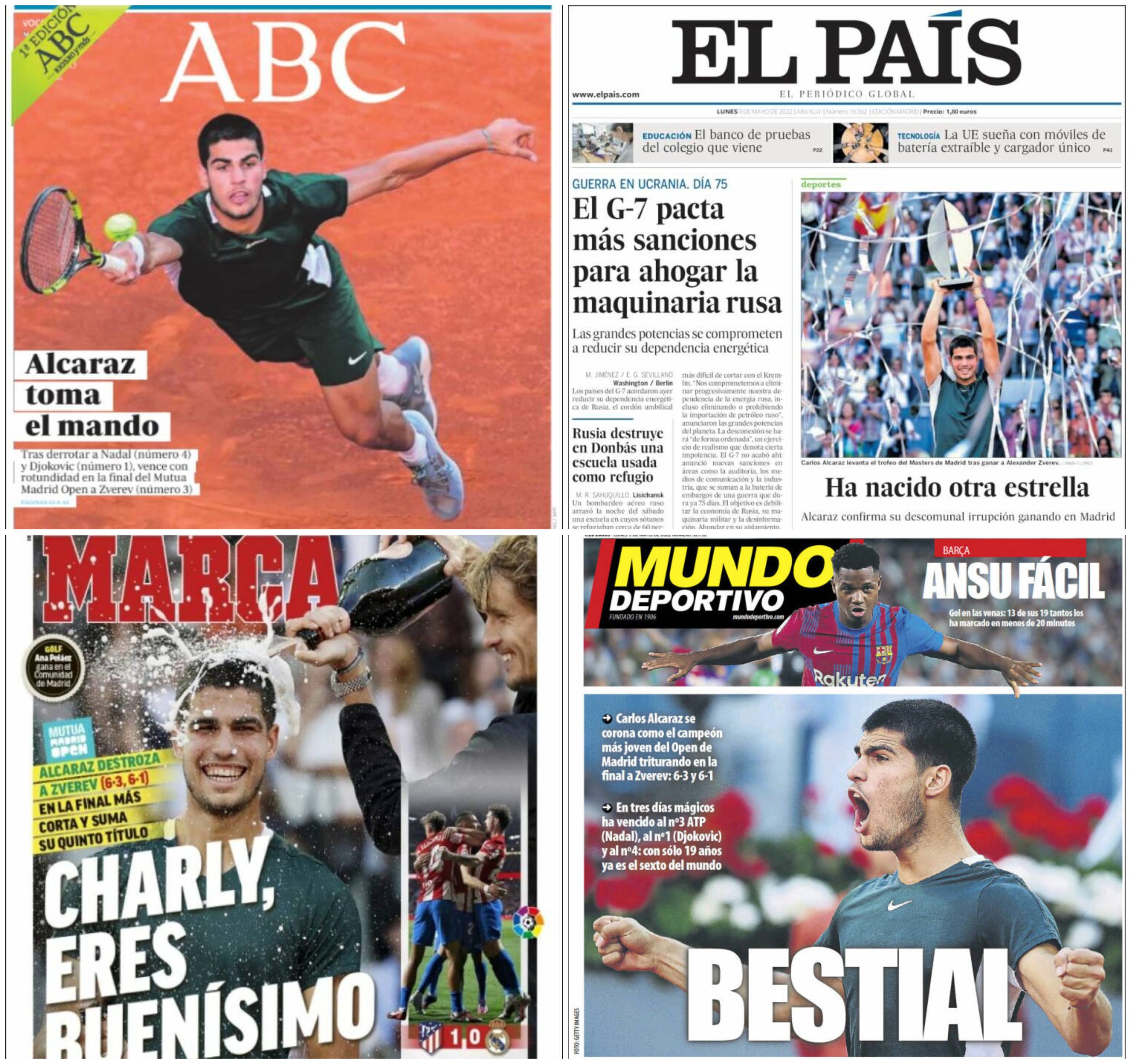 Front pages of Spanish newspapers after Carlos Alcaraz's victory at the Madrid Open