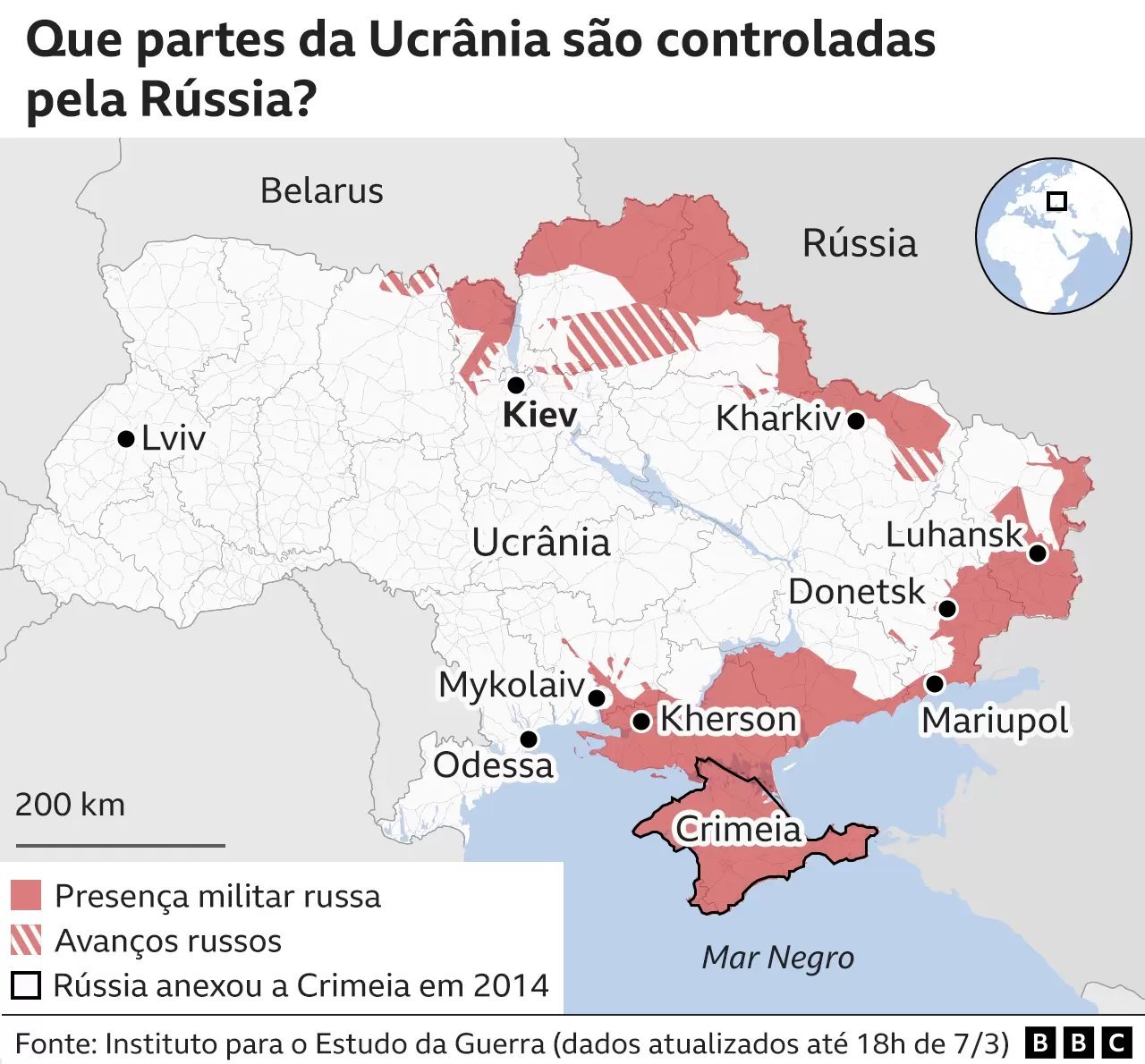 Mapa mostra as partes da Ucrânia atualmente controladas pela Rússia