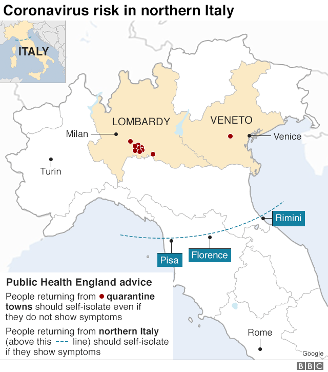 Карта, показывающая риск коронавируса в Италии