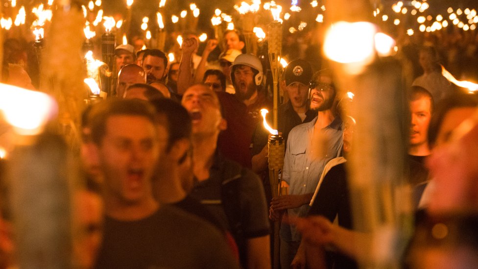 White Supremacists take part in a Unite the Right rally in Charlottesville, Virginia, on 11 August 2017