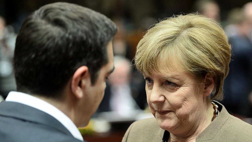 Merkel and Alexis Tsipras at a European summit.