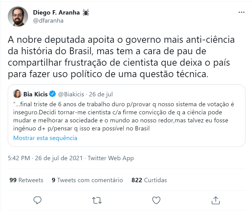 Reprodução de tuíte no qual Diego Aranha critica publicação de Bia Kicis