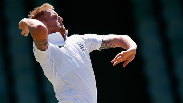 England's Ben Stokes bowls against a South Africa Invitational XI