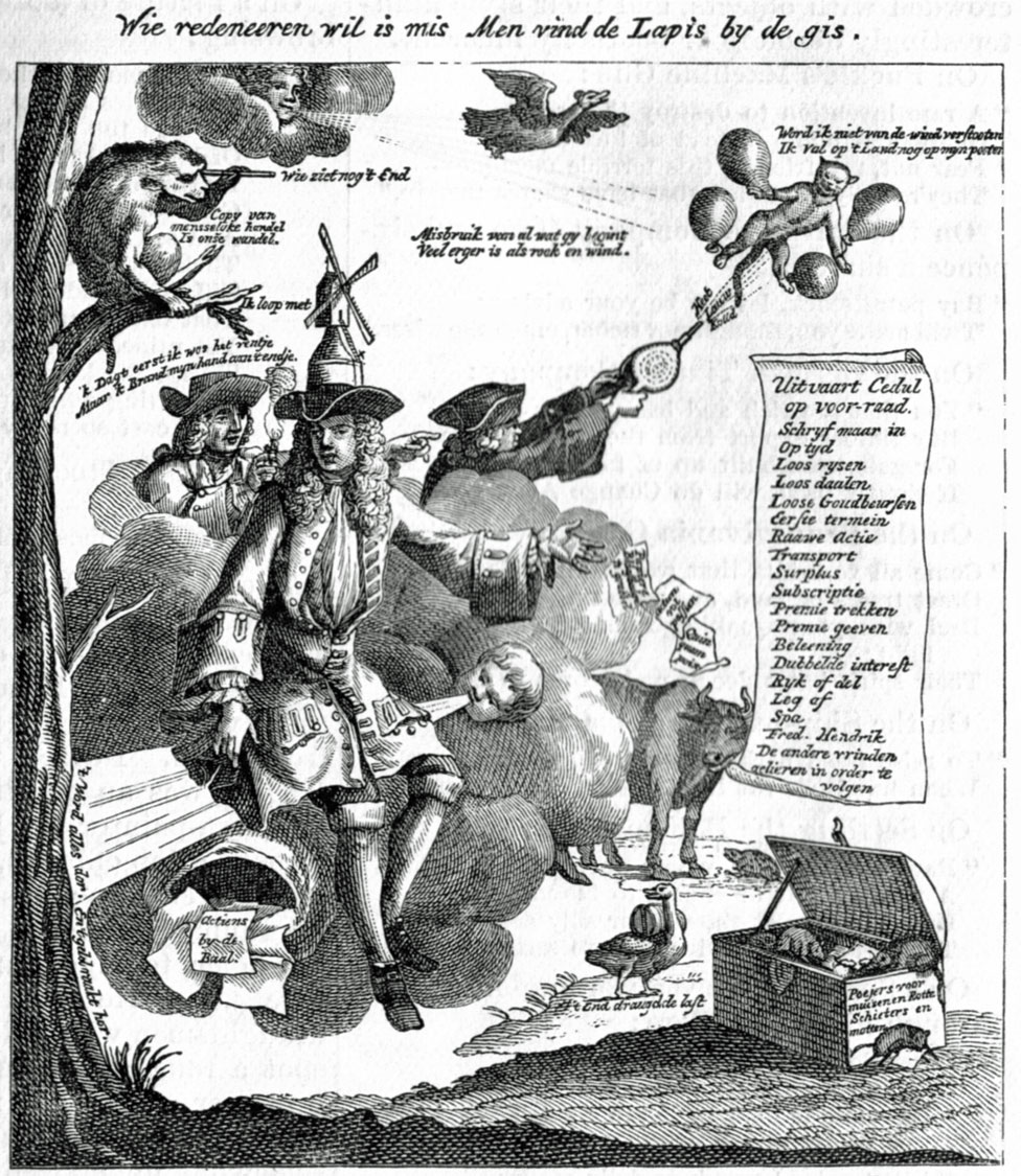 Caricatura alemana de la época que muestra a John Law y dice: "el viento es mi tesoro, almohadón y fundamento. Dueño del viento, soy dueño de la vida, y mi monopolio de viento se torna inmediatamente en objeto de idolatría". Caricatura alemana de la época