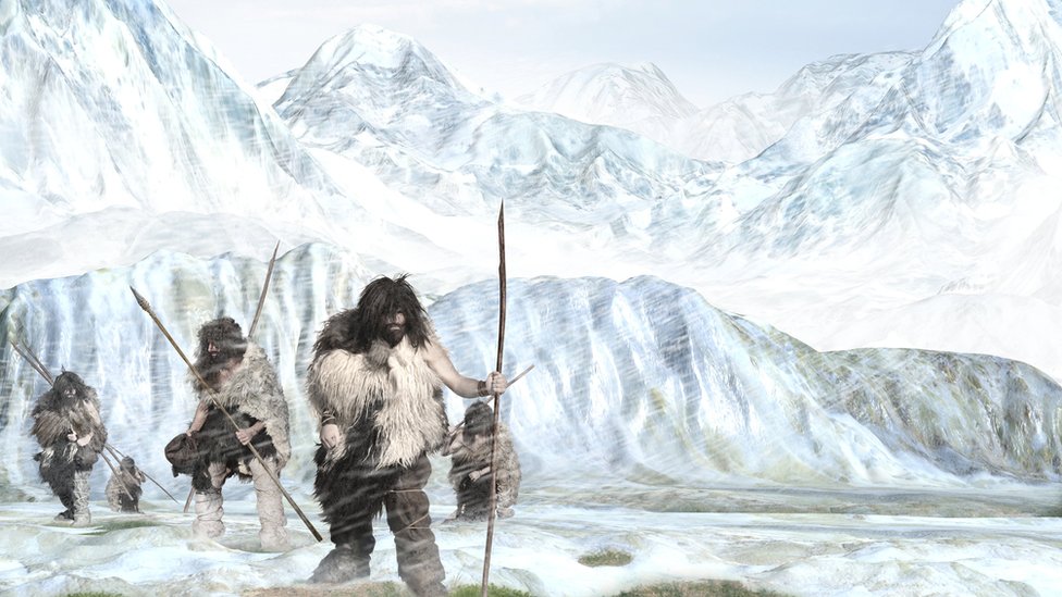 El mundo en el que vivía el artista era precario. escena de hombres de la edad de hielo caminando