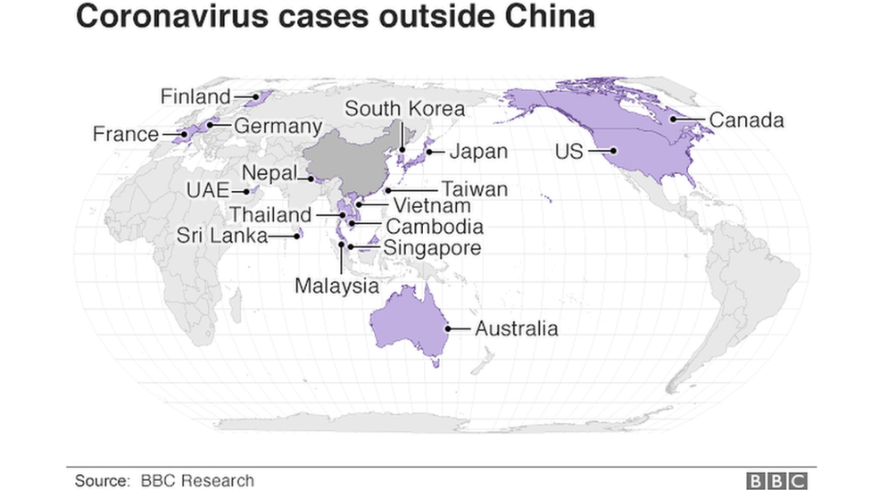 Карта, показывающая, в каких странах есть случаи заболевания коронавирусом за пределами Китая