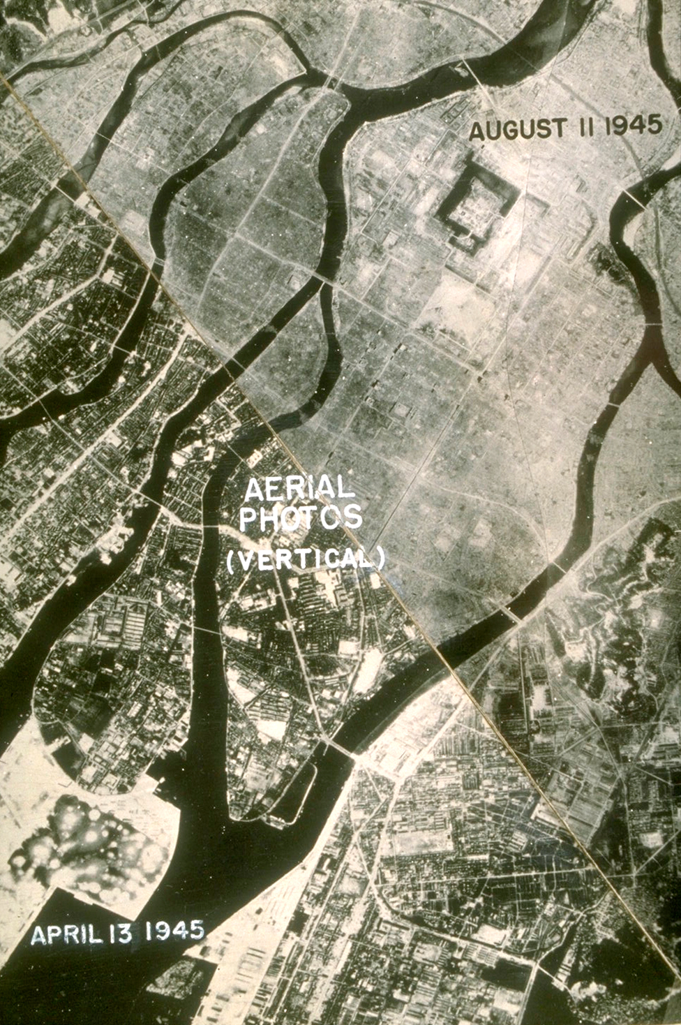 A composite aerial image showing Hiroshima before and after the atomic bomb