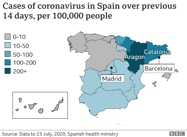 Карта, показывающая распространенность случаев коронавируса в Испании