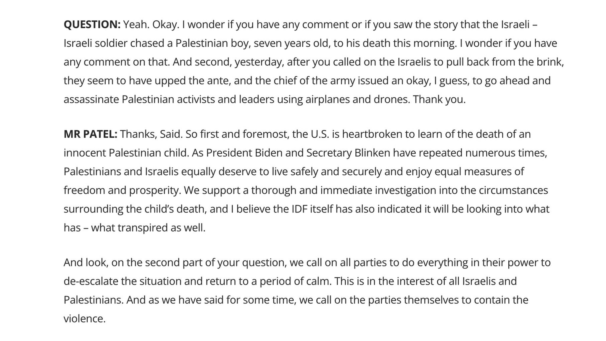 تصريح نائب المتحدث باسم الخارجية الأميركية فيدانت باتيل في إجابة على سؤال حول مقتل الطفل