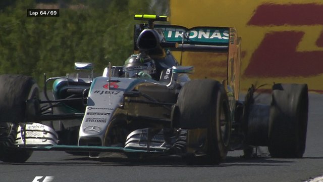 Nico Rosberg suffers a late puncture to slip from second to eighth position overall.