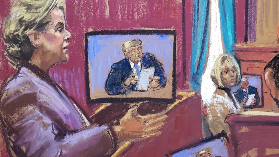 رسم للمحكمة يظهر إي جان كارول وفيديو أقوال دونالد ترامبsketch