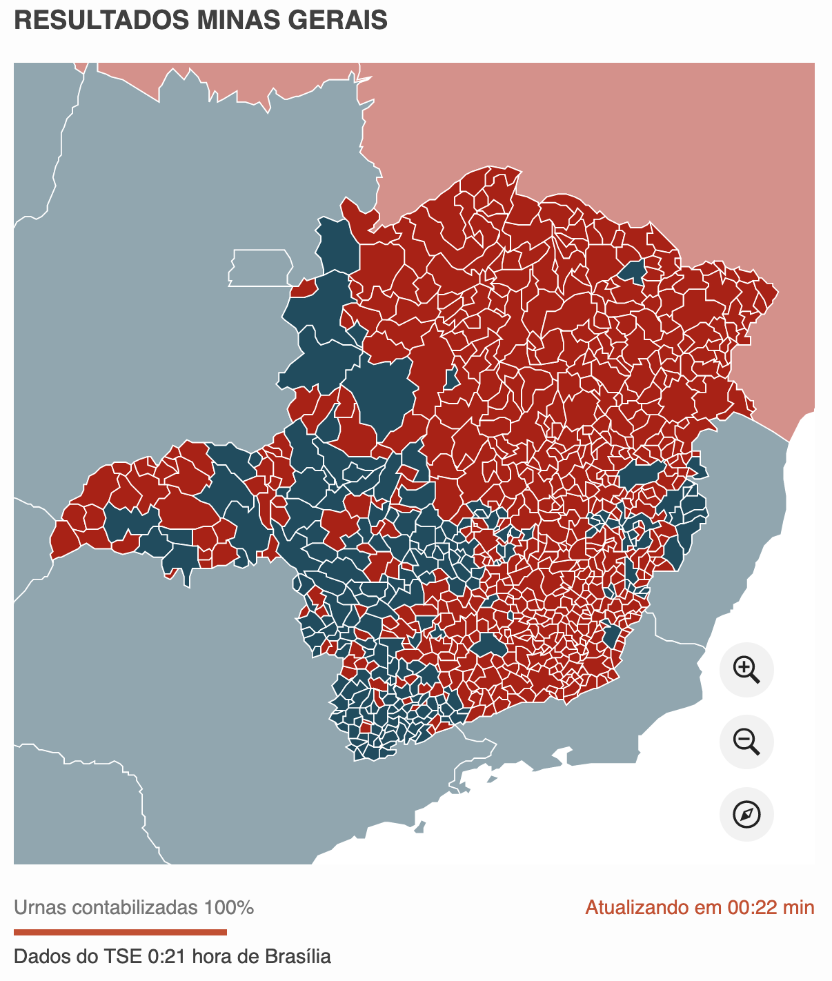 Mapa com cores azuis e vermelha indicando vitória em diferentes distritos de Minas