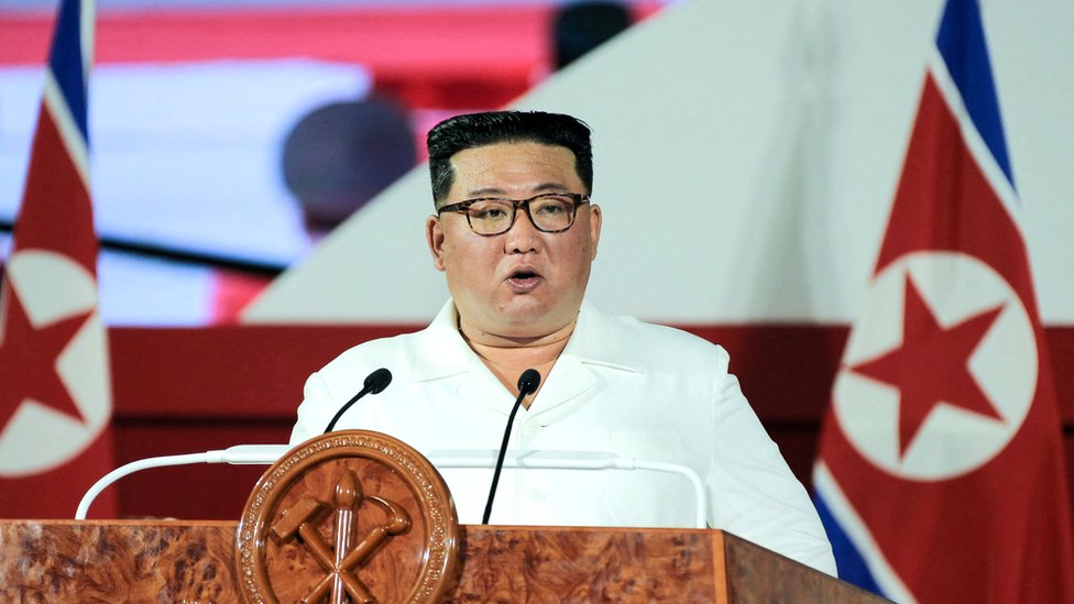 North Korea's leader Kim Jong Un speaks during a ceremony to mark the 69th anniversary of the Korean War armistice, in Pyongyang, North Korea, in this photo released July 27, 2022 by North Korea's Korean Central News Agency (KCNA). KCNA via REUTERS