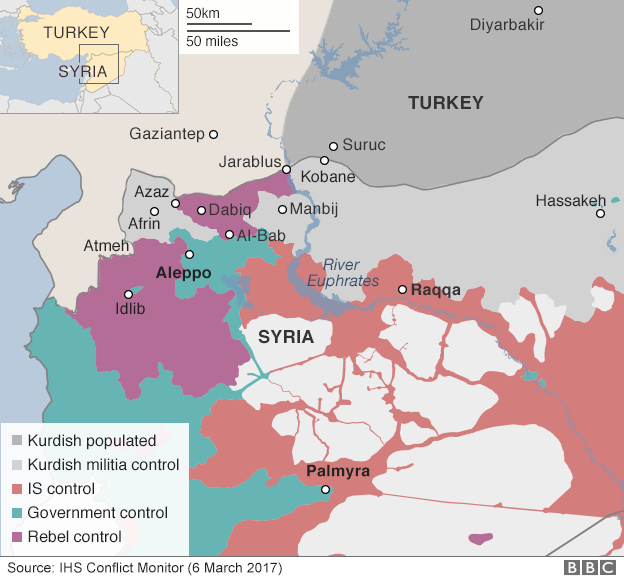 Карта, показывающая контроль над севером Сирии (6 марта 2017 г.)