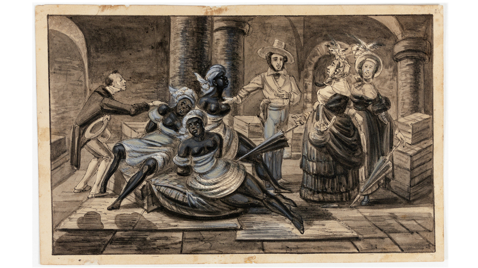 Ilustración de Paul Harro-Harring de 1840 que muestra a un grupo de hombres y mujeres blancos sometiendo a tres esclavas negras
