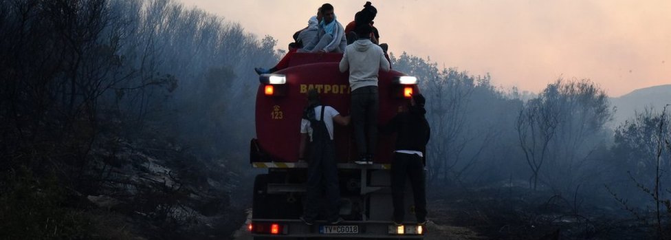 Пожарные и местные жители пытаются тушить лесной пожар на полуострове Луштица недалеко от Тивата, Черногория, 17 июля 2017 г.