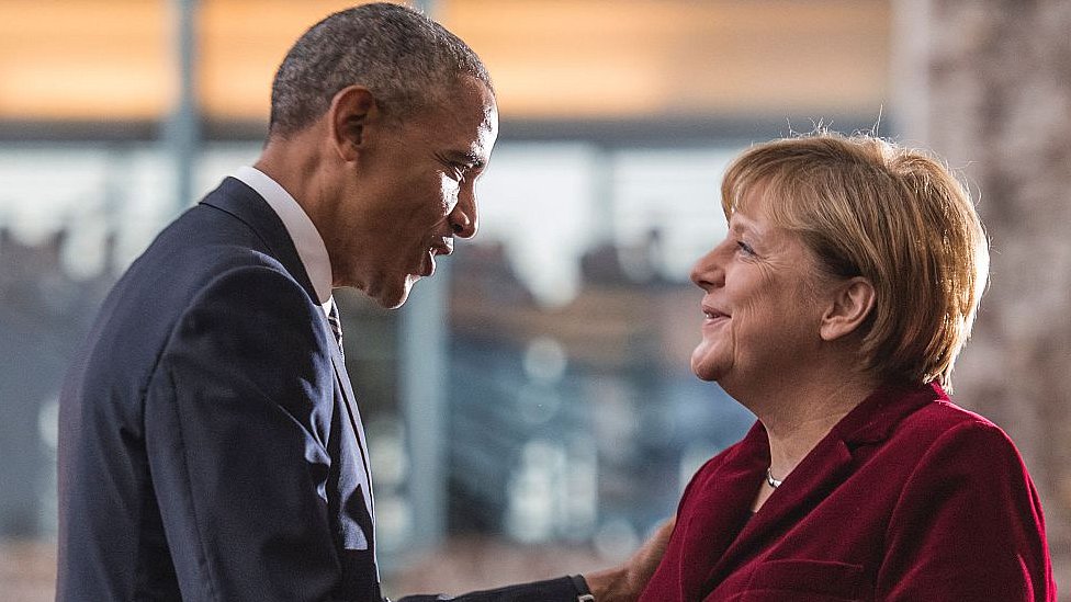 Barack Obama is greeted by German Chancellor Angela Merkel upon arrival at the chancellery on November 17, 2016 in Berlin. Pic - Getty Images