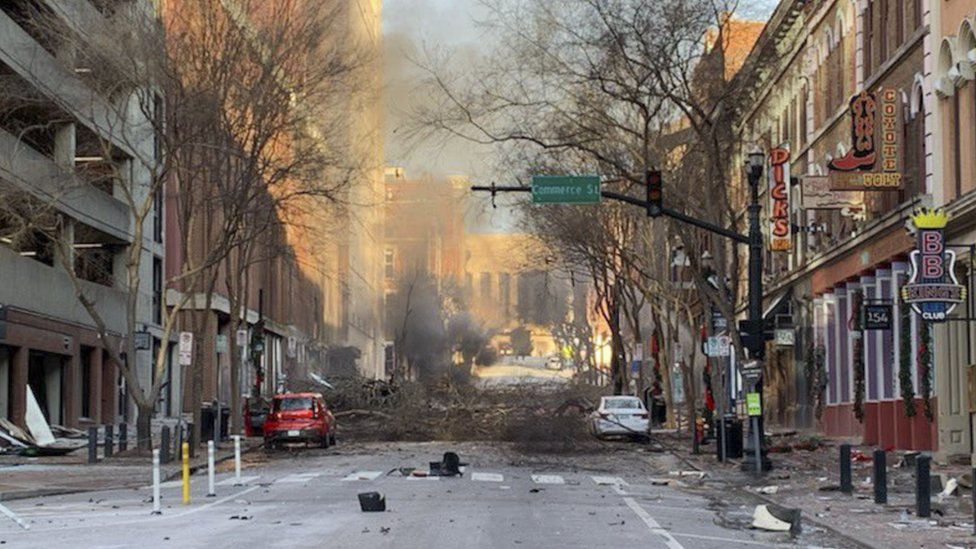 A handout photo made available by the Nashville Police Department shows damage from an explosion that officials believe was an intentional act in Nashville