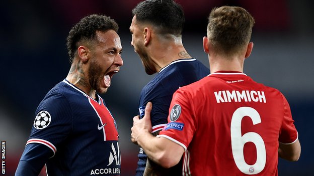 Neymar (left) celebrates PSG's victory over Bayern Munich in the Champions League quarter-finals