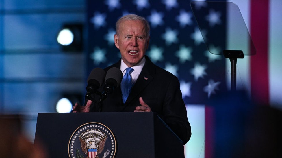 US President Joe Biden giving a speech in Warsaw, Poland on Saturday