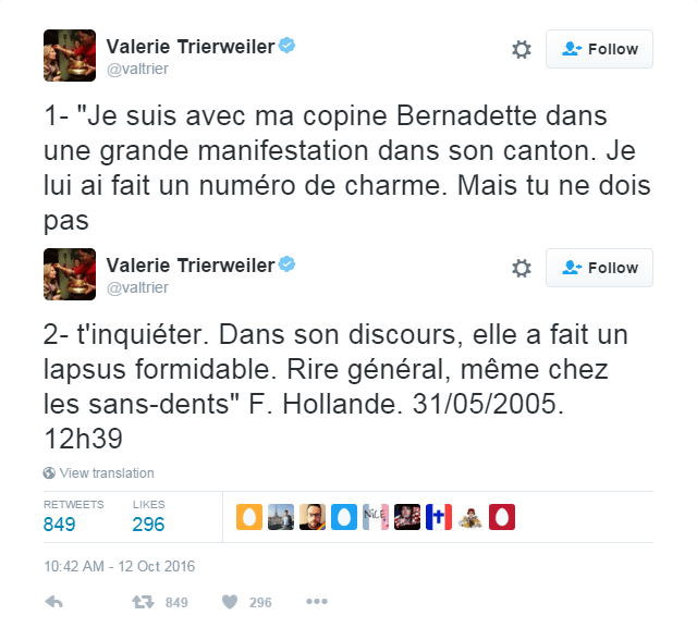 Твиты на французском языке из аккаунта @valtrier с подробным описанием источника комментария "без зубов"