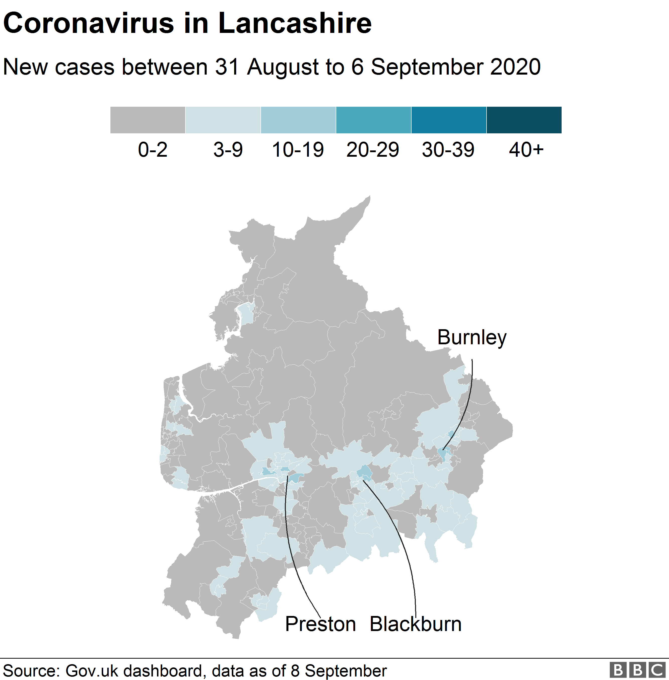 Карта со случаями коронавируса в Ланкашире