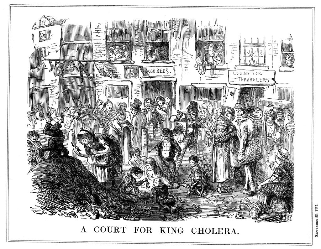 "Una corte para el rey del cólera", dice esta ilustración hecha en 1852, que muestra una escena típica de las condiciones de hacinamiento, insalubres en los barrios bajos de Londres.