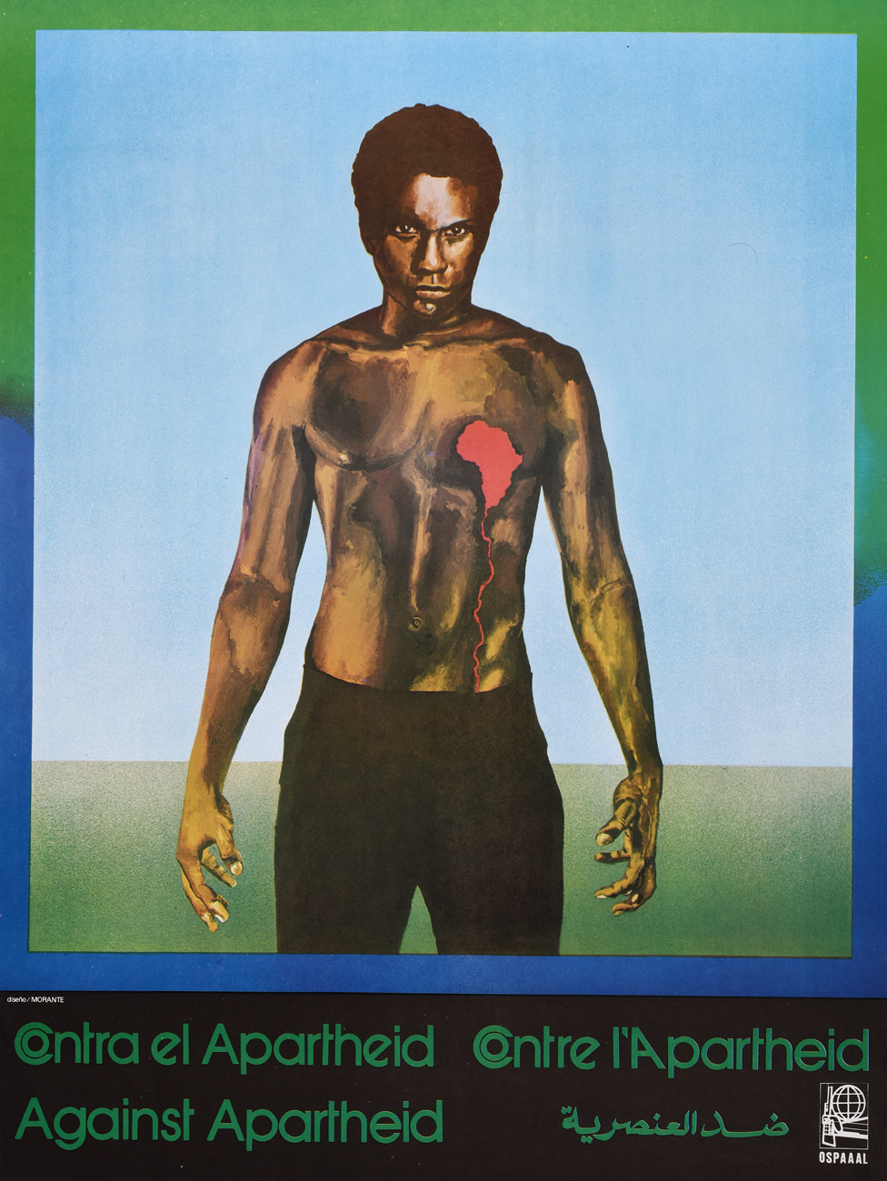 Плакат Ospaaal под названием «Южная Африка - против апартеида», 1982 г., на котором изображен человек с медвежьей грудью и кровоточащим сердцем в форме Африки