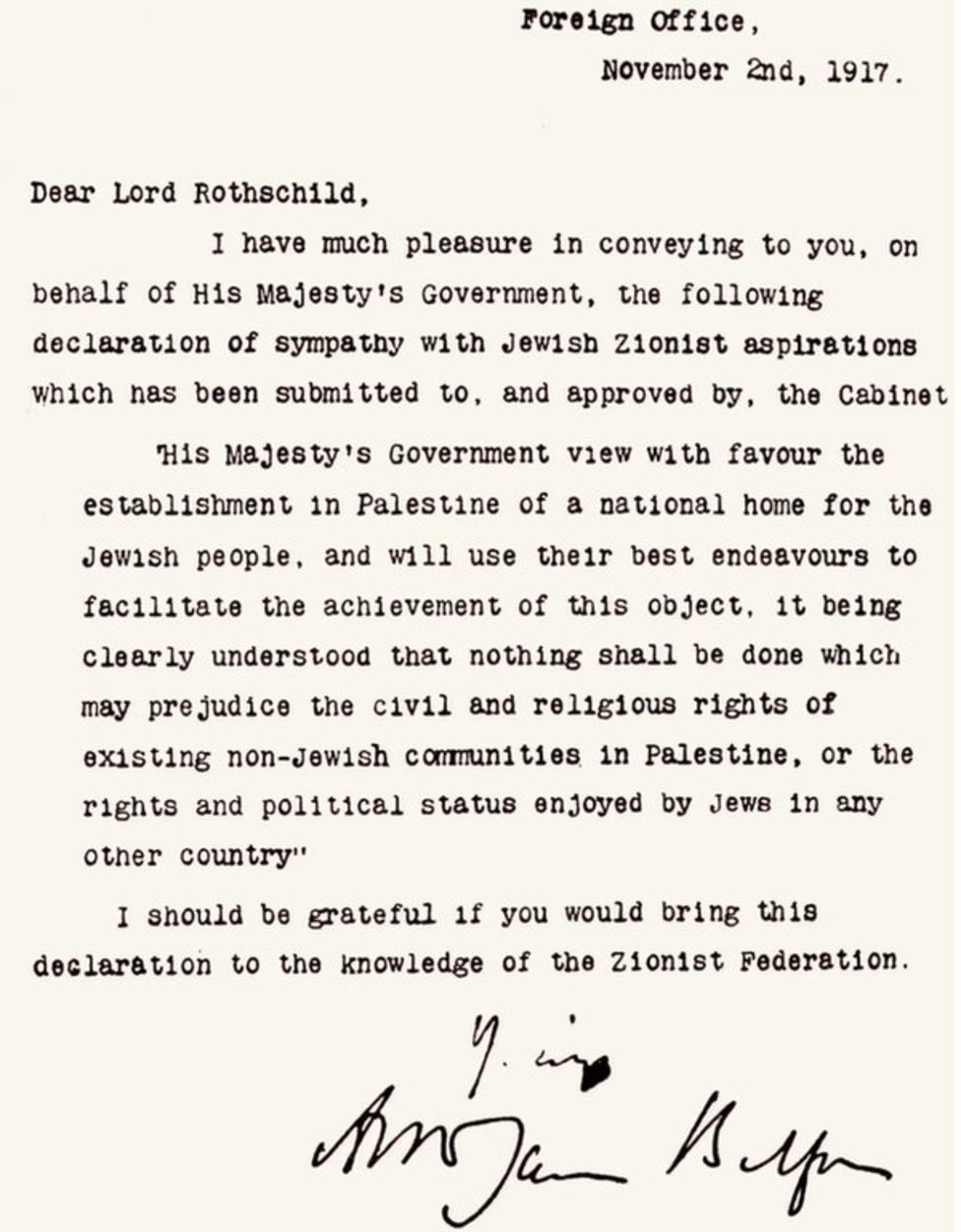 Foto del texto de la declaración de Balfour. Foto del texto de la declaración de Balfour.