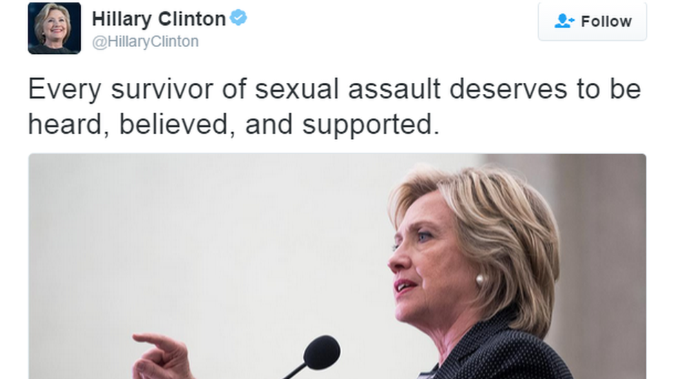 Твиттер Хиллари Клинтон, в котором говорится, что жертвам сексуального насилия следует «услышать и верить».