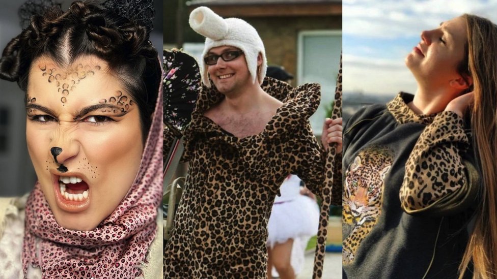 Three people wearing leopard skin clothes and costumes