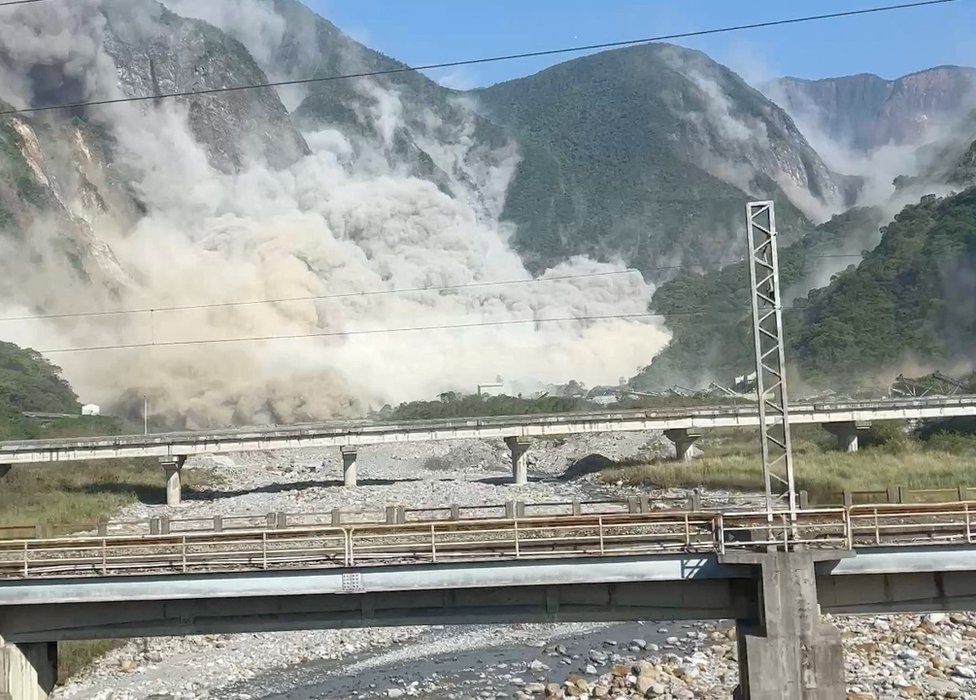 A view of a landslide after an earthquake hit just off the eastern coast of Taiwan, according to Taiwan's Central Weather Administration, in Xiulin, Hualien, Taiwan, April 3, 2024