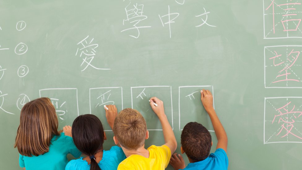 Rear view of elementary school students learning chinese writing on chalkboard. Language languages learning