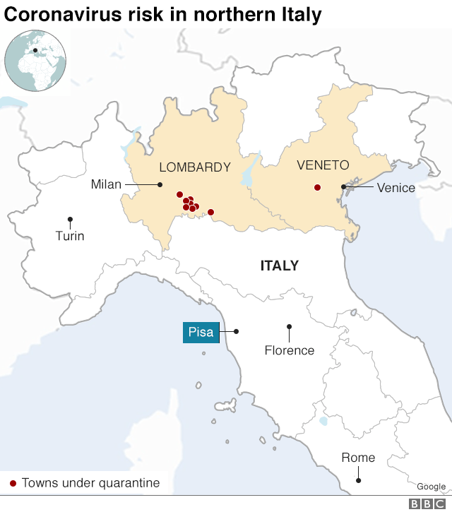 Карта, показывающая районы северной Италии, пораженные коронавирусом