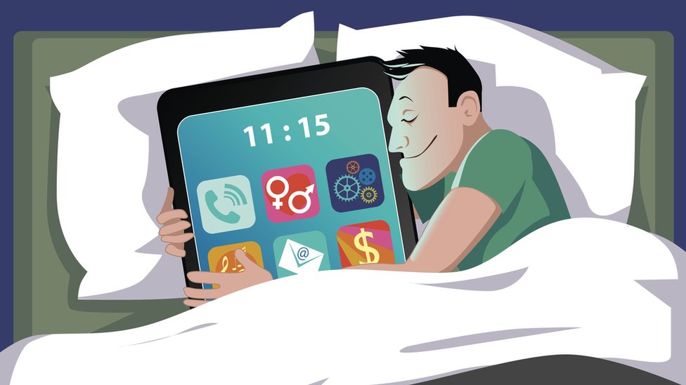 Ilustración: hombre durmiendo pegado a su celular