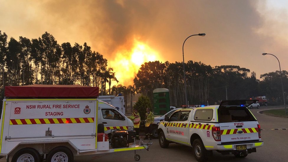 Пожарные машины перед лесным пожаром в Порт-Стивенс в Новом Южном Уэльсе
