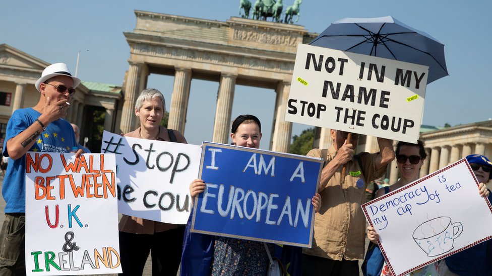 Activists protest against Brexit and the British Parliament suspension in front of Brandenburg Gate in Berlin, Germany