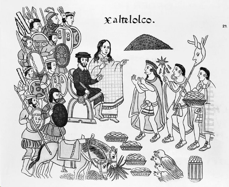 La Malinche junto a Hernán Cortes en un códice