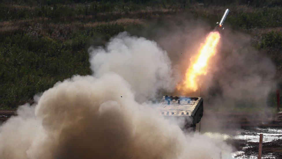 A TOS-1A Solntsepyok multiple rocket launcher takes part in a dynamic display of military equipment as part of the 2021 International Army Games at Alabino shooting range.
