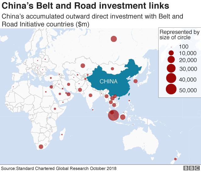 Карта с изображением китайских инвестиций в рамках инициативы «Один пояс, один путь»