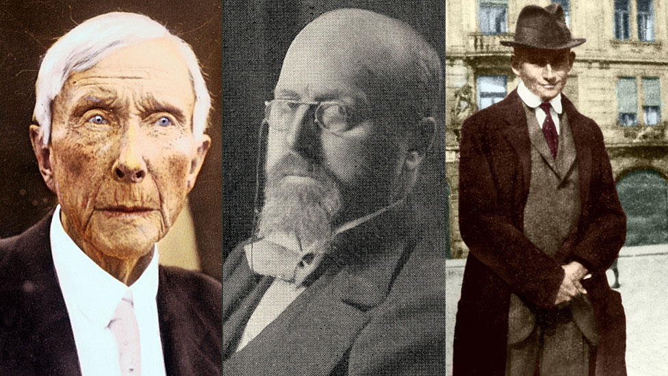 John D. Rockefeller (izq), Henry James (centro) y Franz Kafka (der)