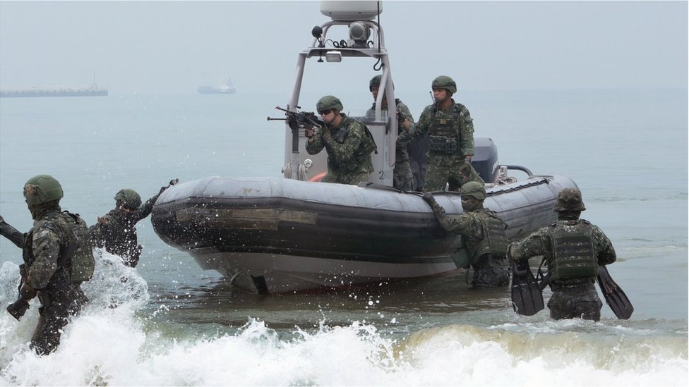 Taiwan Marines Special Force during a anti-invasion drill in Kinmen island on May 25, 2019 in Kinmen, Taiwan.