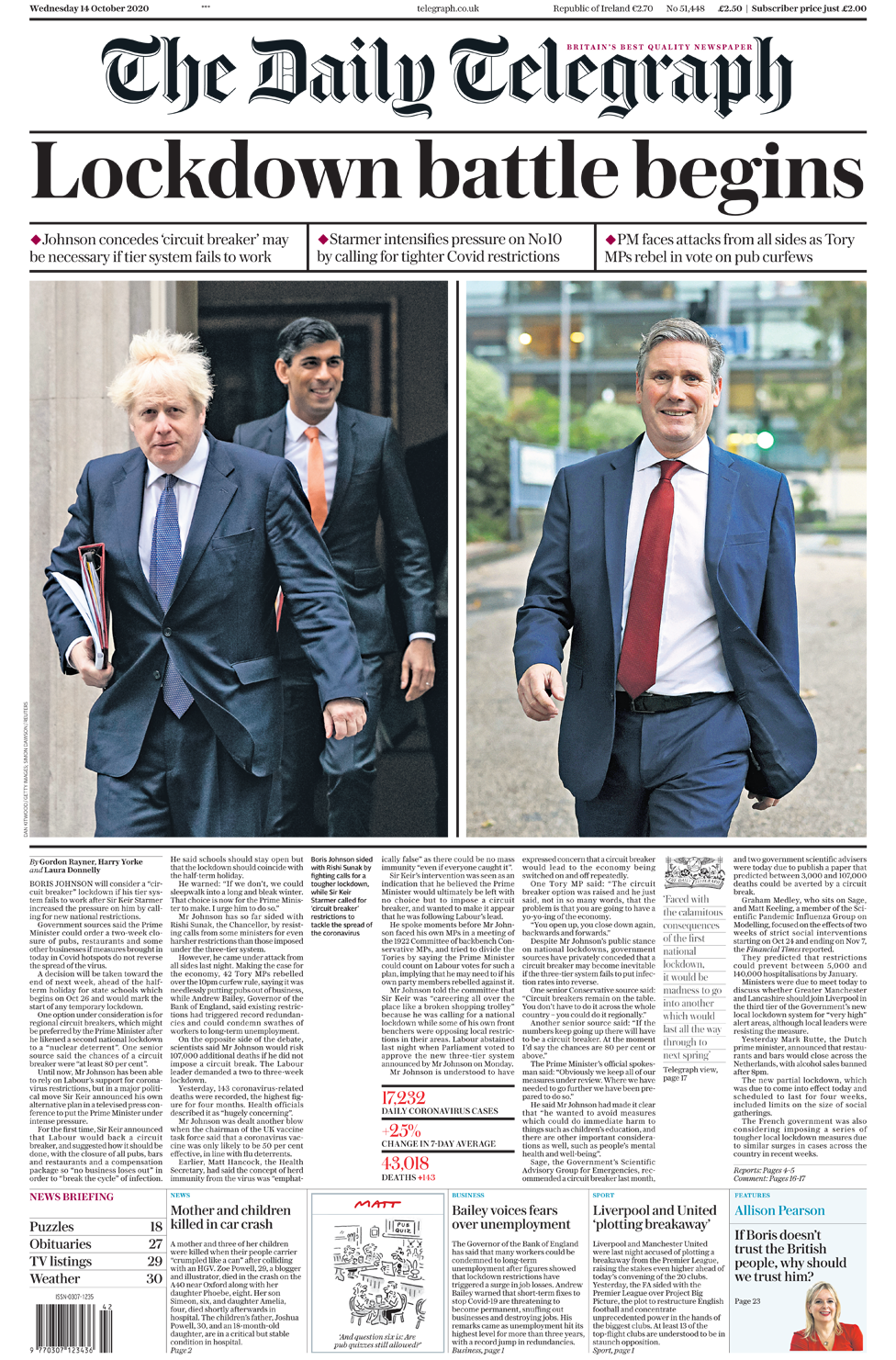 Telegraph front page 14/10/20