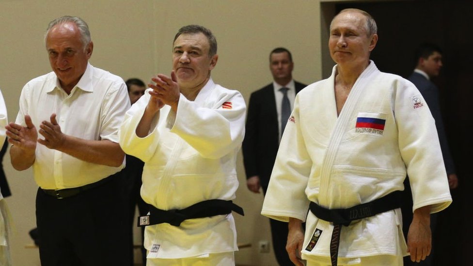 Russian President Vladimir Putin (R) , businessmen and billionaires: Arkady Rotenberg (C), Vasily Anisimov (L) attend judo trainings at Yug Sport complex in Sochi, Russia, February,14,2019.