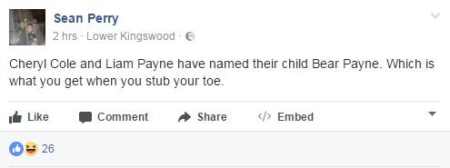 Шон Перри на Facebook: «Шерил Коул и Лиам Пейн назвали своего ребенка Медведем Пейном. Это то, что вы получите, когда укусите палец на ноге».