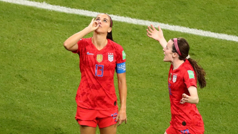 July 2, 2019 Alex Morgan of the U.S. celebrates scoring their second goal with Rose Lavelle