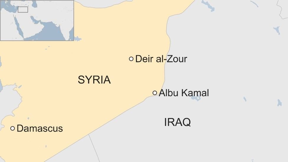 Map showing location of Deir al-Zour and Albu Kamal in Syria