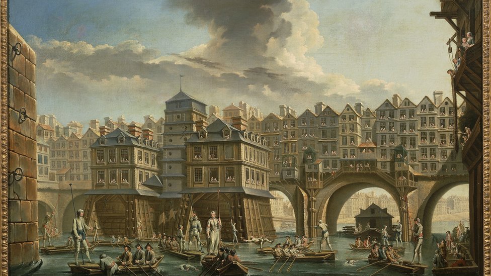 Lancheros entre los puentes de Notre-Dame y au Change, París, en 1756, por Nicolas-Jean-Baptiste Raguenet (1715-1793). Lancheros entre los puentes de Notre-Dame y au Change, París, en 1756, por Nicolas-Jean-Baptiste Raguenet (1715-1793).