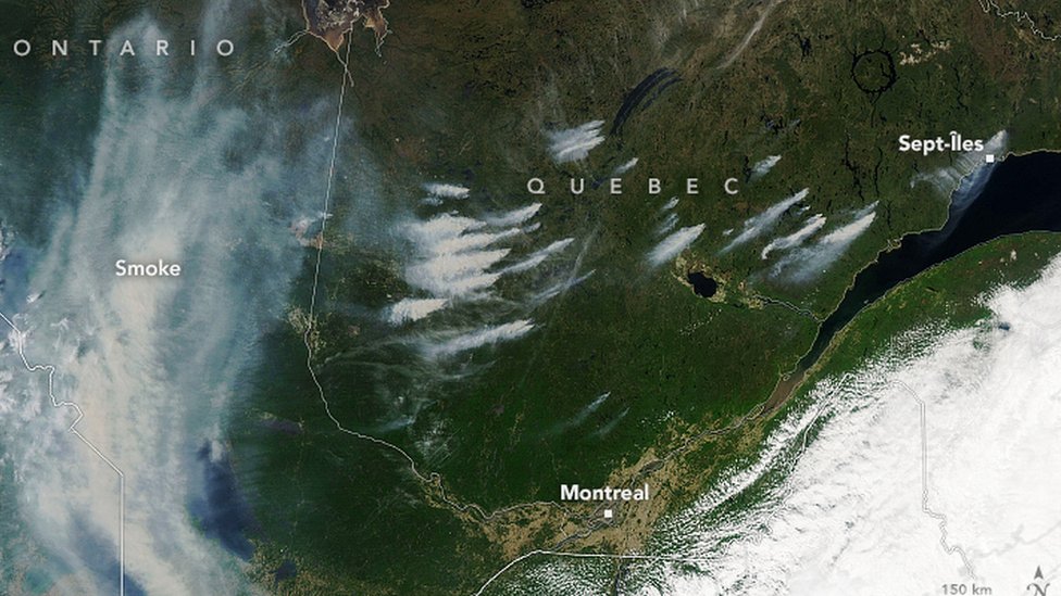 The Moderate Resolution Imaging Spectroradiometer (MODIS) on NASA’s Aqua satellite captured an aerial view of smoke billowing from the fires in Quebec on June 3.