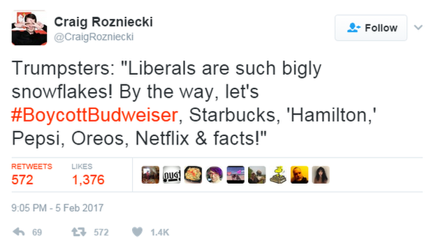 Tweet: Трамперы говорят, что либералы такие большие снежинки, но, кстати, давайте бойкотируем Budweiser, starbucks, Hamilton, Pepsi, Oreos и так далее